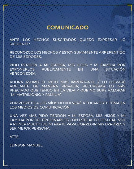 Jeinson Manuel se pronucia luego de ampay.|