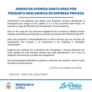 Municipalidad de La Perla se pronuncia sobre aniego por presunta negligencia de Cálidda