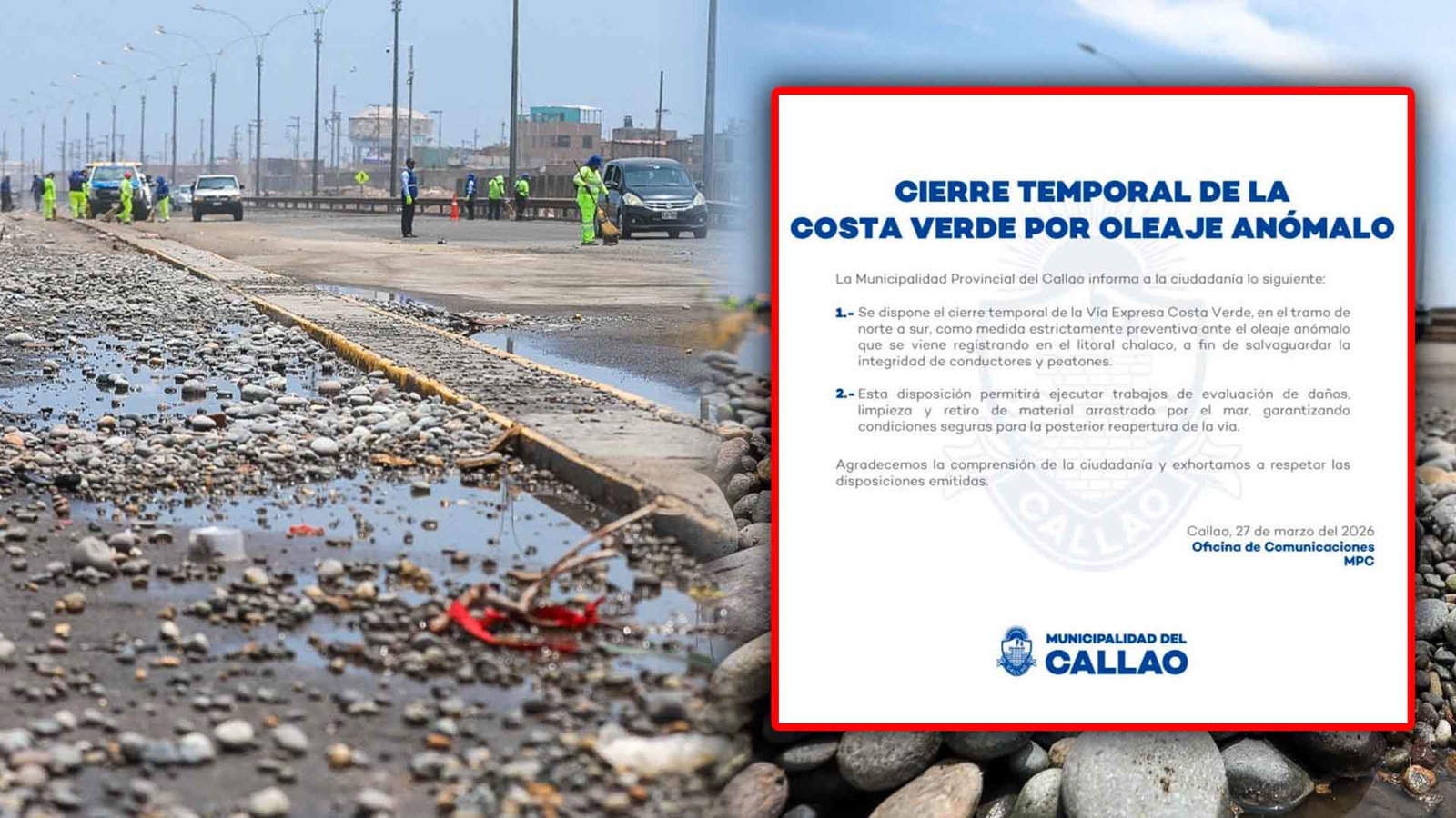 Cierran temporalmente la Costa Verde por fuerte oleaje en el Callao