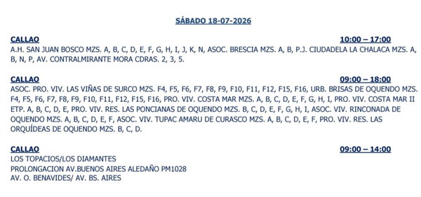 Anuncian cortes de luz en el Callao para este sábado 18 de julio