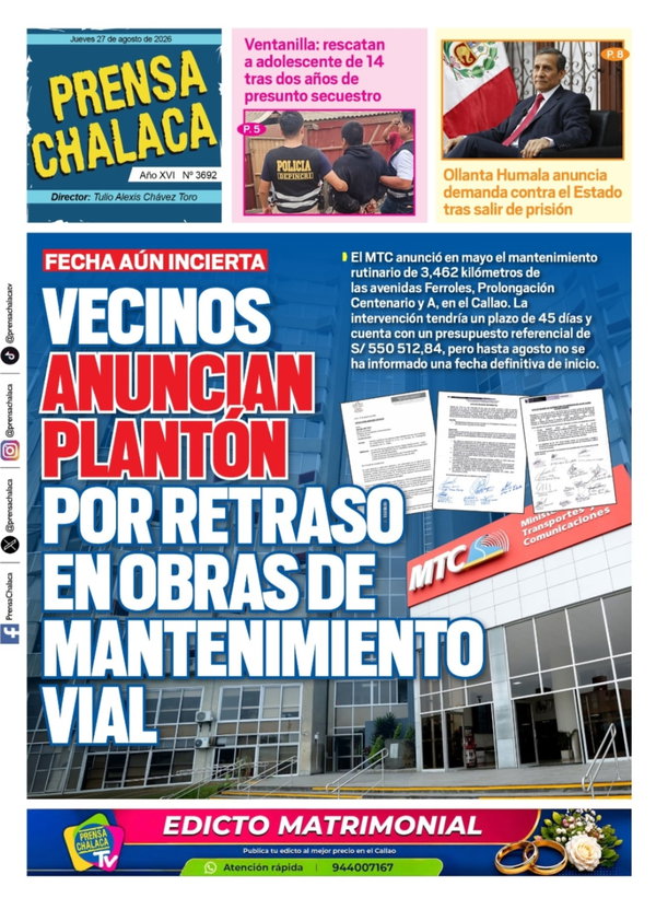 Portada de Vecinos anuncian plantón por retraso en obras de mantenimiento vial, 27 de agosto de 2026