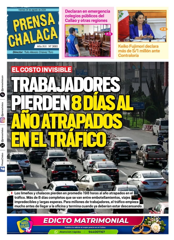 Portada de Trabajadores pierden 8 días al año atrapados en el tráfico, 28 de agosto 2026