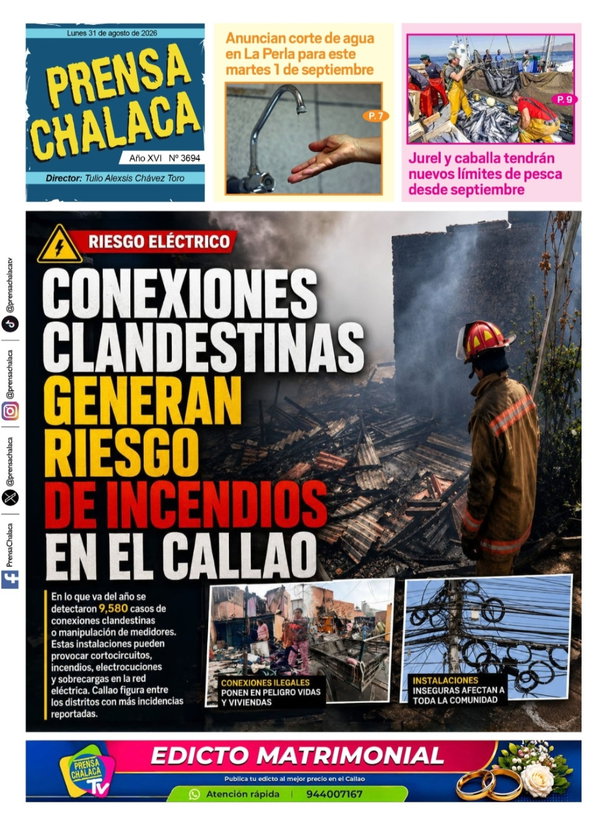 Portada de Conexiones clandestinas generan riesgo de incendios en el Callao, 31 de agosto de 2026