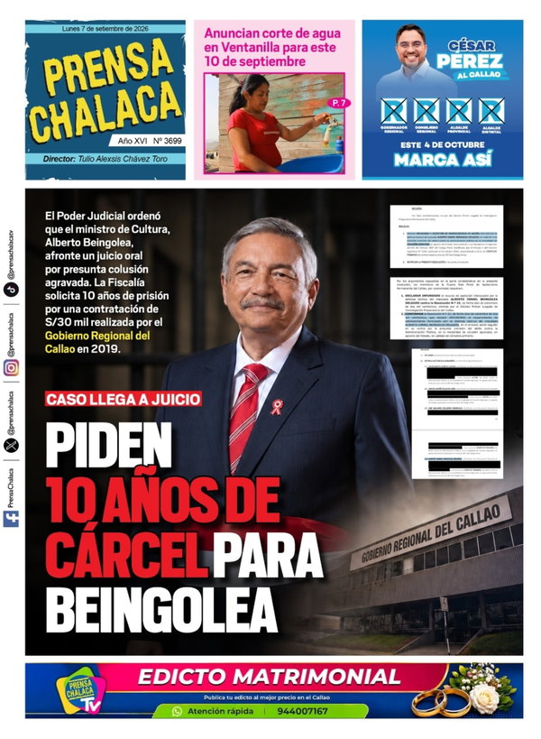 Portada de Piden 10 años de cárcel para Beingolea, 7 de septiembre de 2026