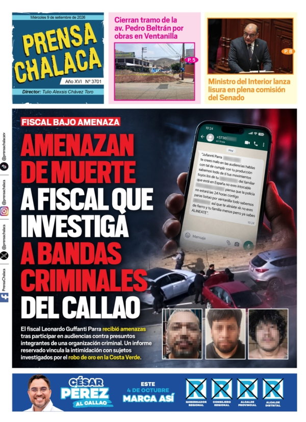 Portada de Amenazan de muerte a fiscal que investiga a bandas criminales del Callao, 9 de septiembre 2026