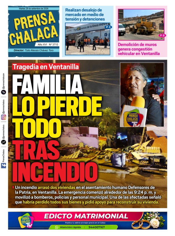 Portada de Familia lo pierde todo tras incendio, 29 de septiembre 2026