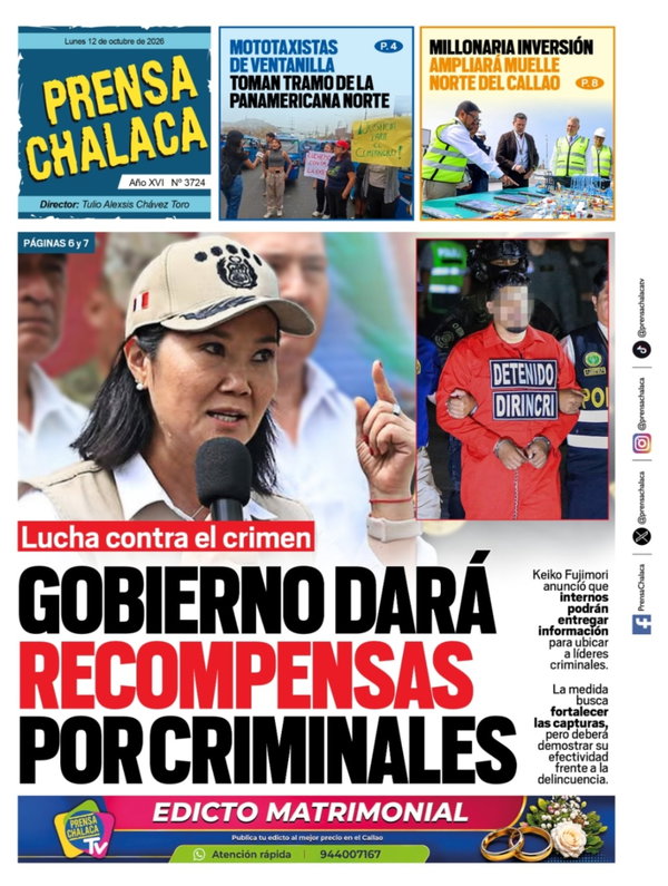Portada de Gobierno dará recompensas por criminales, 12 de octubre 2026